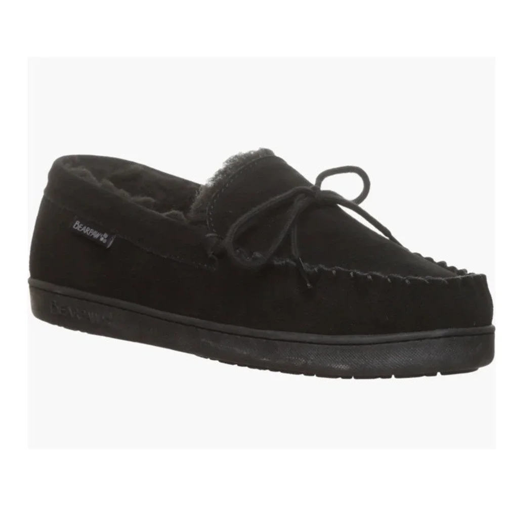 New BEARPAW Wyden II 2200 Mens Moc Toe Black Slip‎ On Slipper Shearling Lined 11